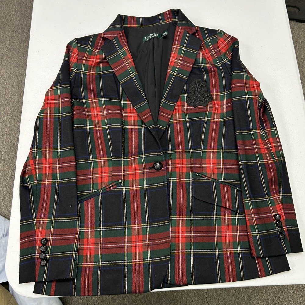 Lauren Ralph Lauren Blazer Womens 8 Red Green Tartan Plaid Beaded Crest Jacket